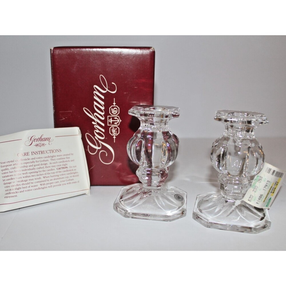 Vintage Gorham Crystal Venetia Candle Holders Pair 4" Candlesticks w/ Box & Tags